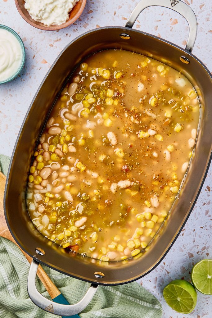 corn, broth and beans added in