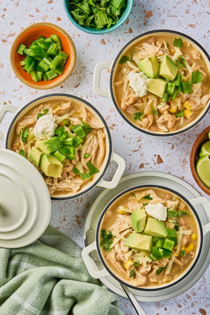 white chili chicken in mini dishes