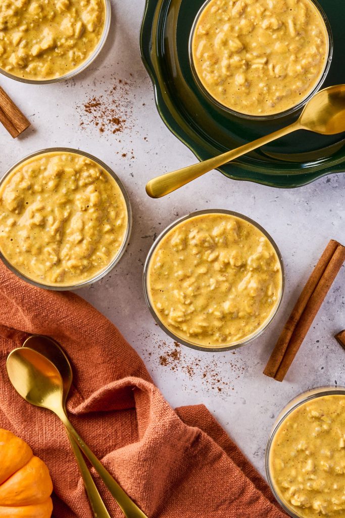 overnight oats in multiple bowls on a counter