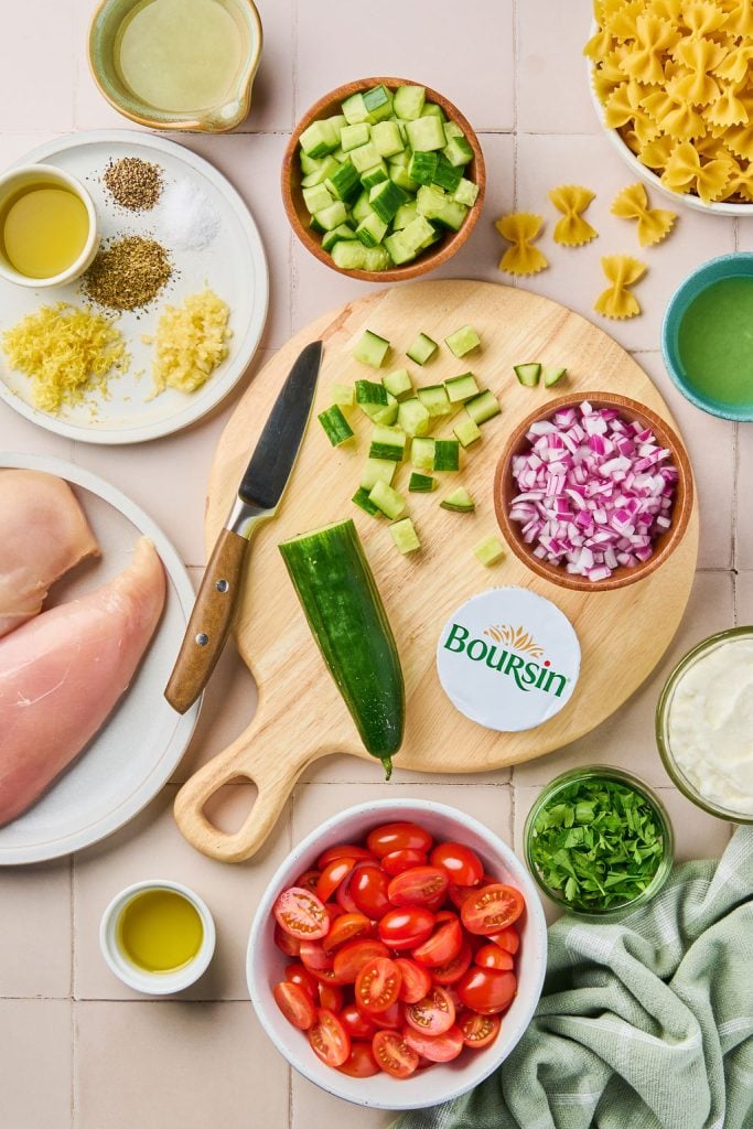 all the ingredients to make lemon chicken Boursin pasta