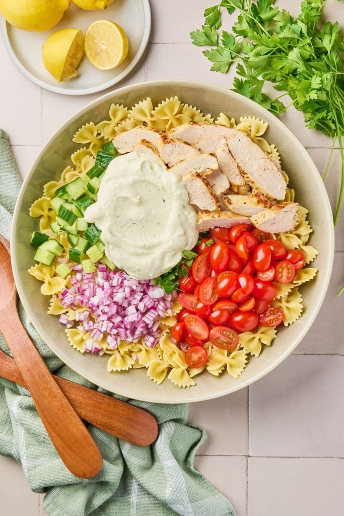 all ingredients for pasta salad in a bowl