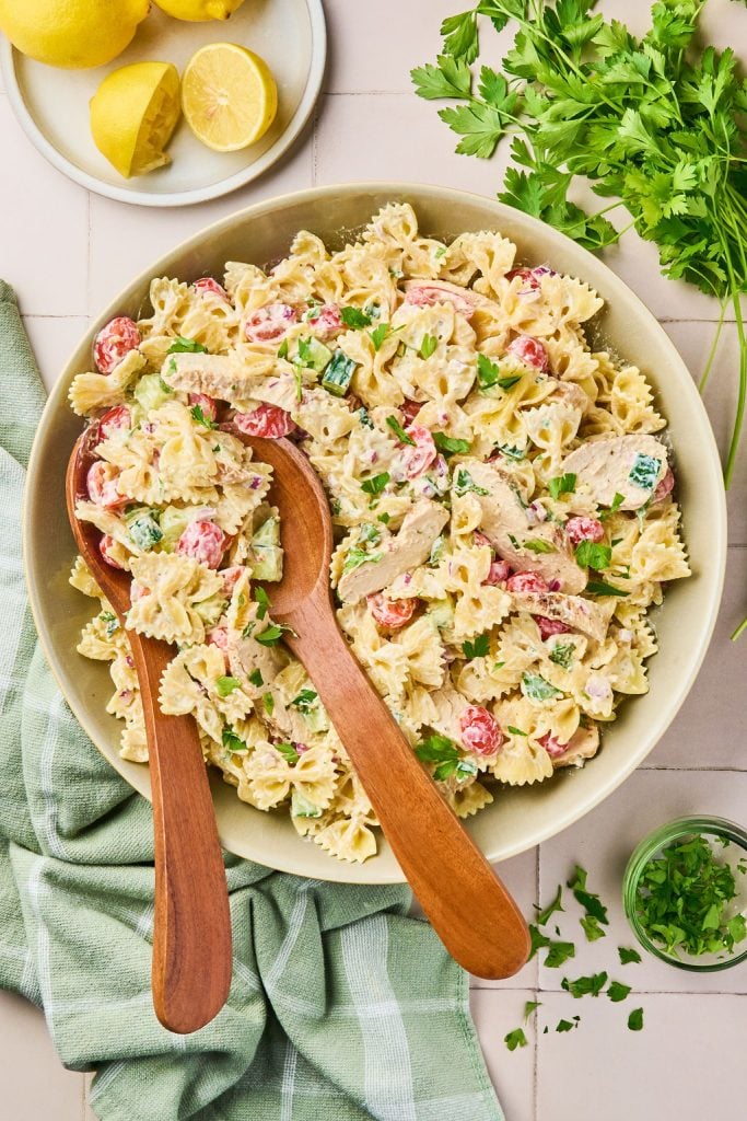pasta salad tossed in Boursin cheese dressing and all combined together with chicken