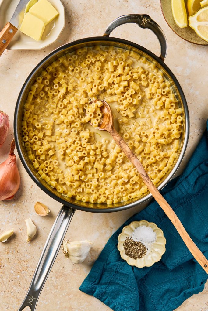 heavy cream cooked into the pasta in a skillet
