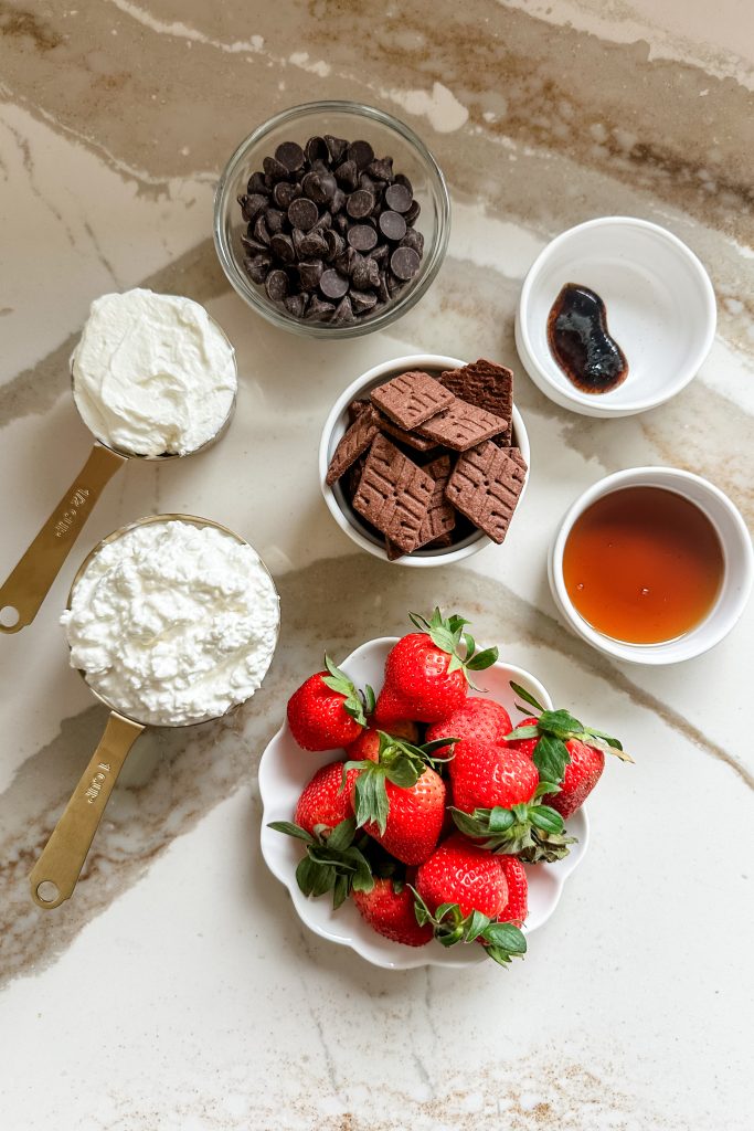 all the ingredients to make strawberry cottage cheesecake jars