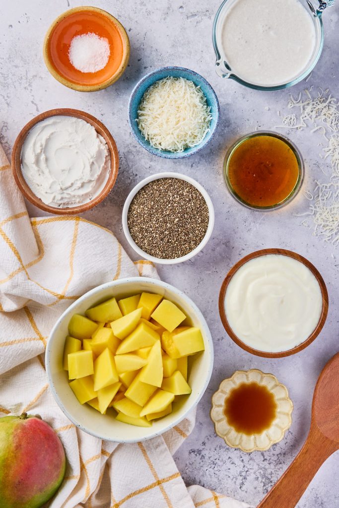 all the ingredients to make mango chia pudding