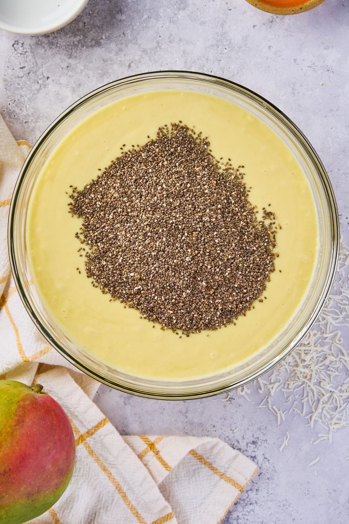 chia seeds added to pudding mixture