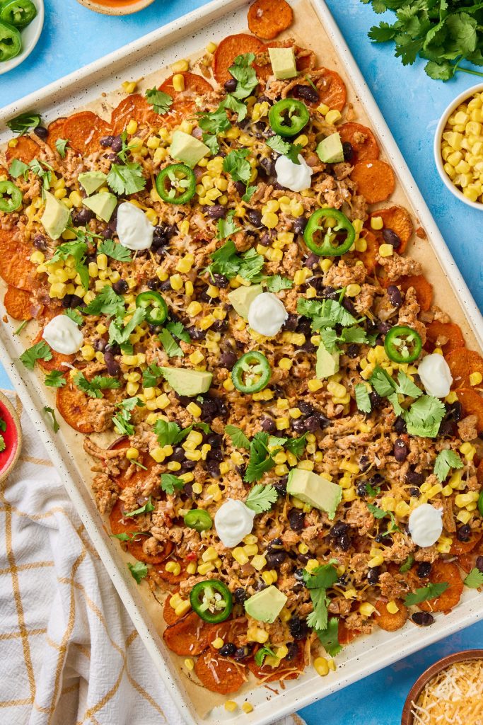 cold toppings added to the baked sweet potato nachos