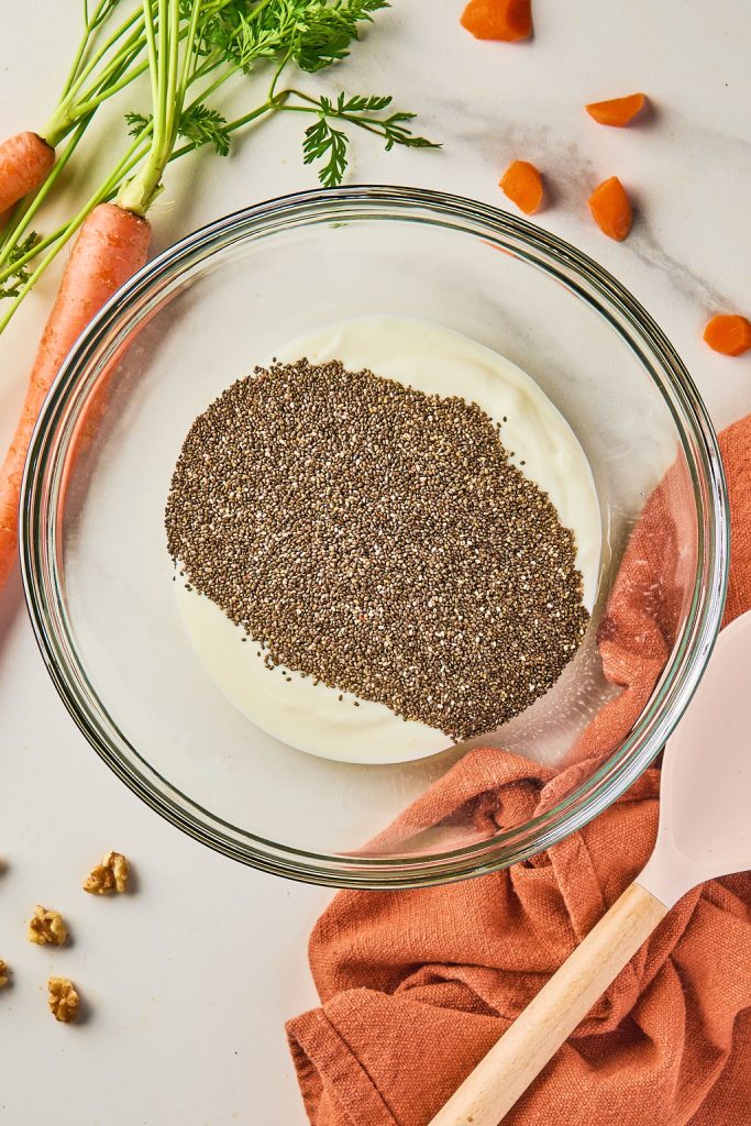 Greek yogurt and chia seeds in a glass bowl