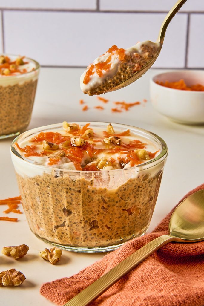 chia pudding with a spoon scooping some out.
