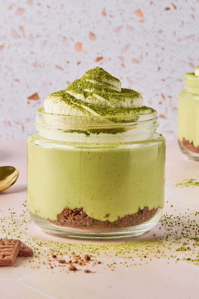 close up of matcha cheesecake jar