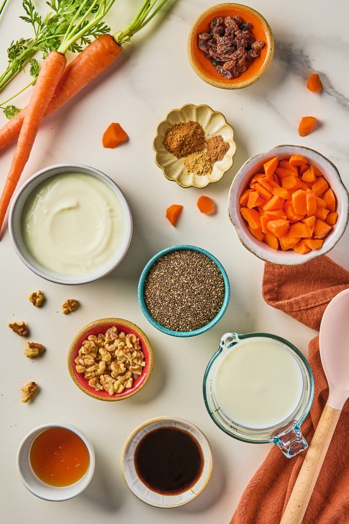 all the ingredients to make carrot cake chia pudding