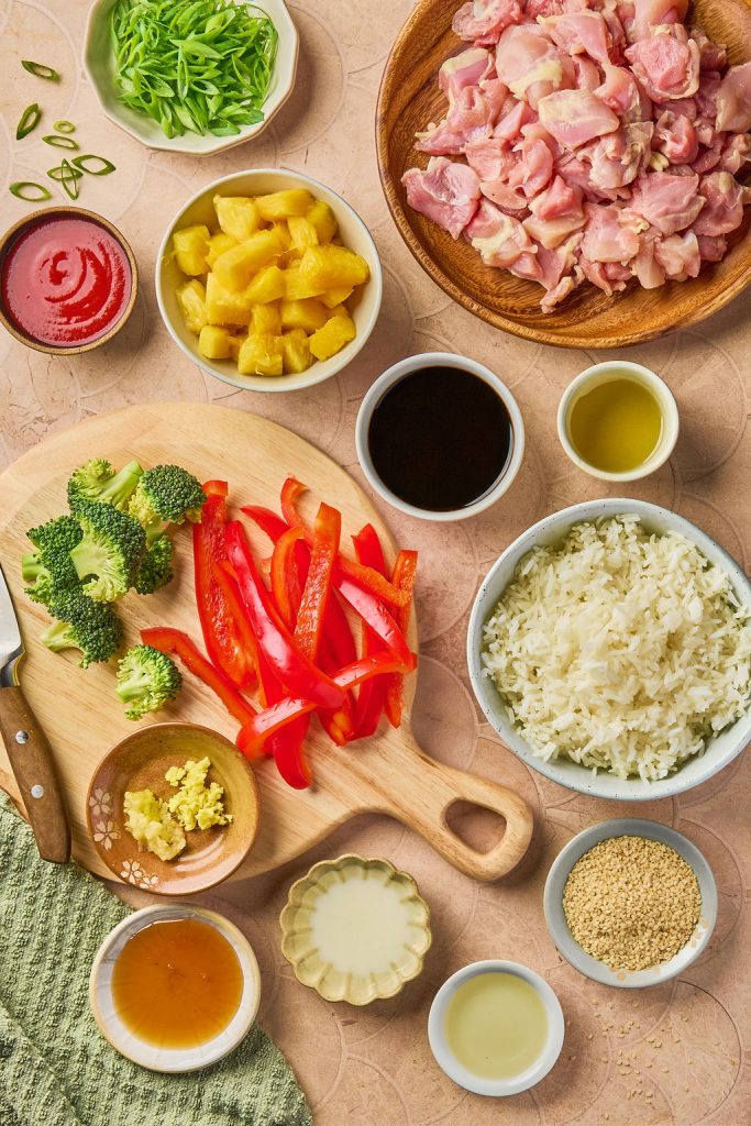 all the ingredients to make pineapple chicken rice bowl