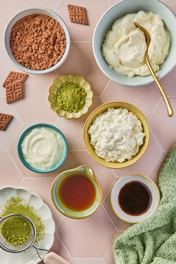 all the ingredients to make matcha cheesecake jars