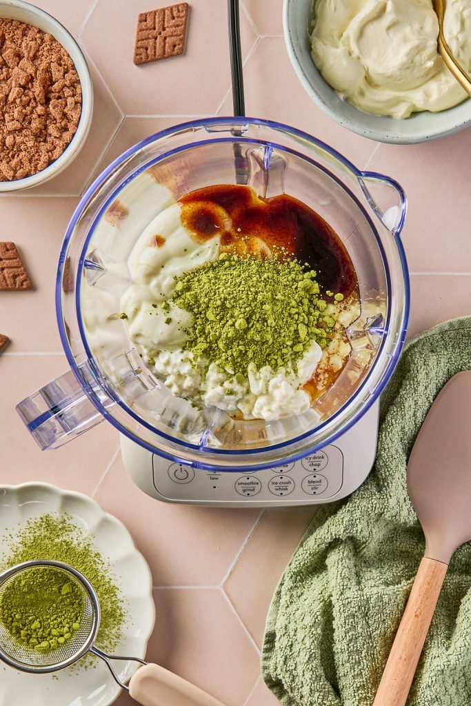 cottage cheese, Greek yogurt, maple syrup, vanilla bean paste, and matcha powder in a blender