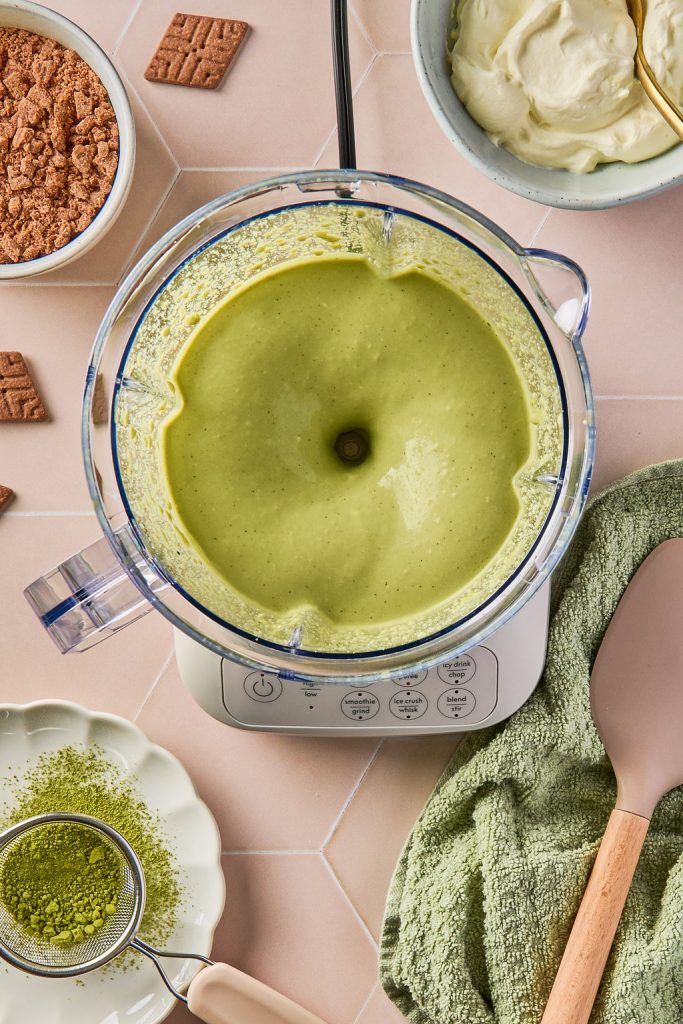 cottage cheese, Greek yogurt, maple syrup, vanilla bean paste, and matcha powder blended in a blender