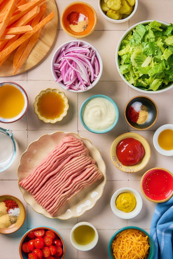 all the ingredients to make turkey burger bowls