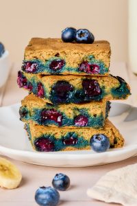 blueberry banana oatmeal bars stacked on top each other