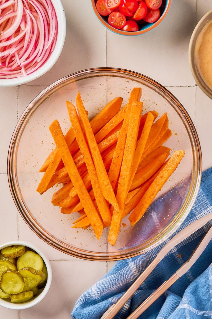 sweet potato fries tossed in il and seasonings