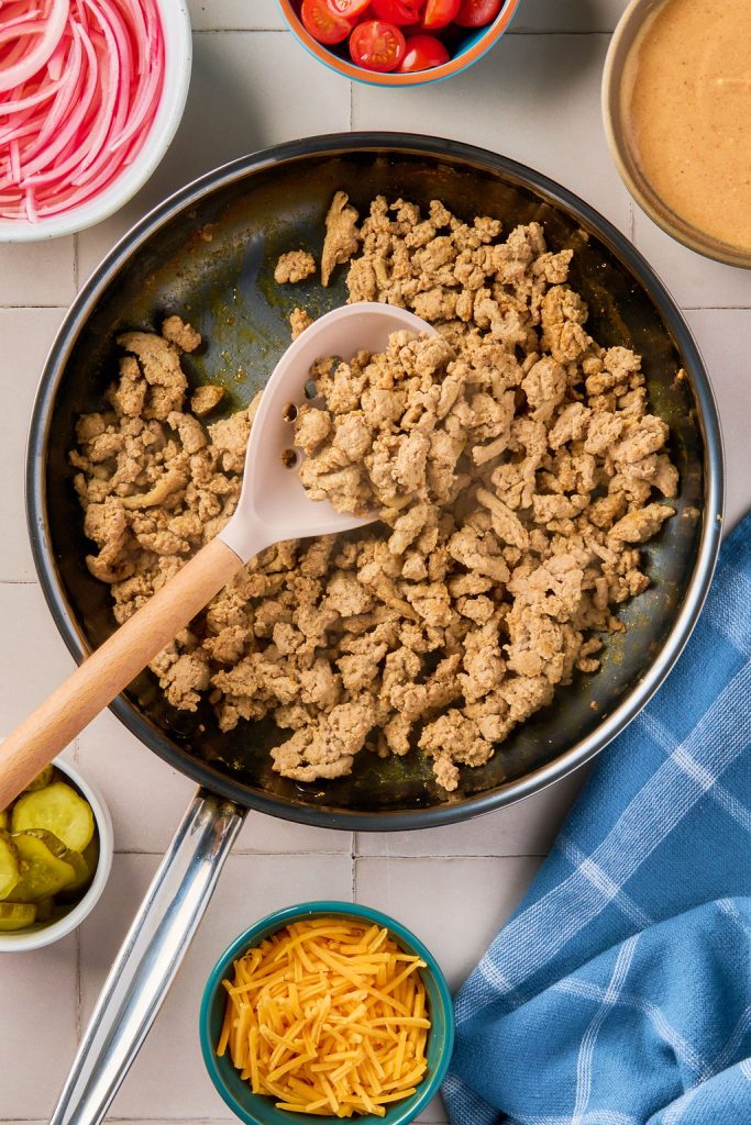 cooked ground turkey in a skillet