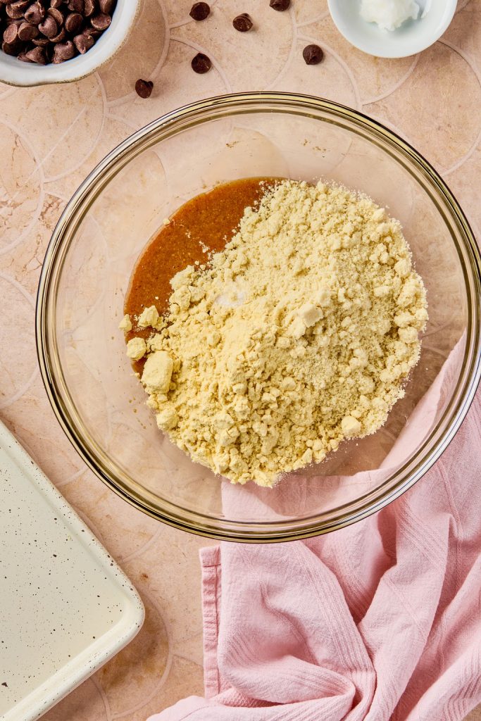 almond flour, protein powder and salt added to wet ingredients