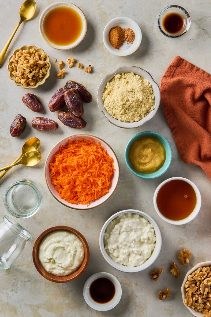 all the ingredients to make carrot cake cottage cheese cheesecake jars