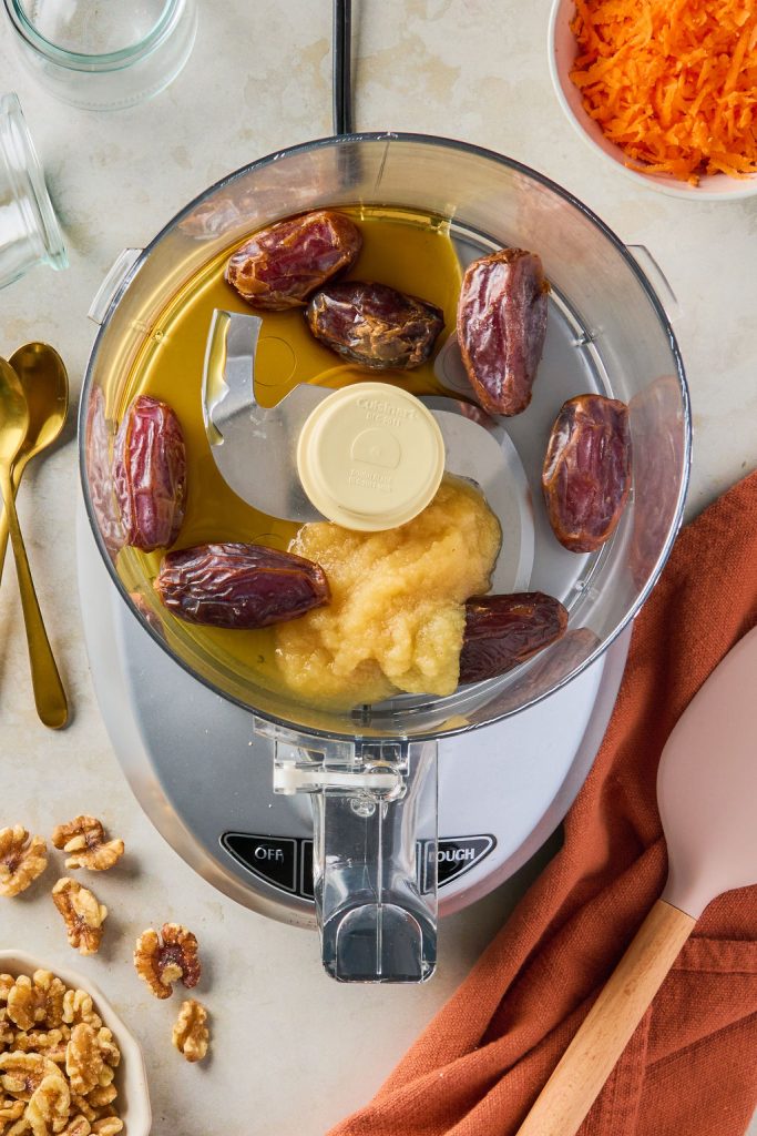 dates, applesauce, maple syrup, and vanilla in a food processor