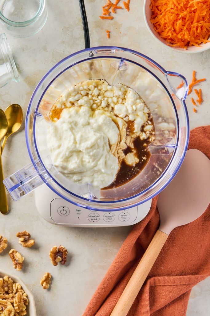 cottage cheese, Greek yogurt, maple syrup, and vanilla in blender