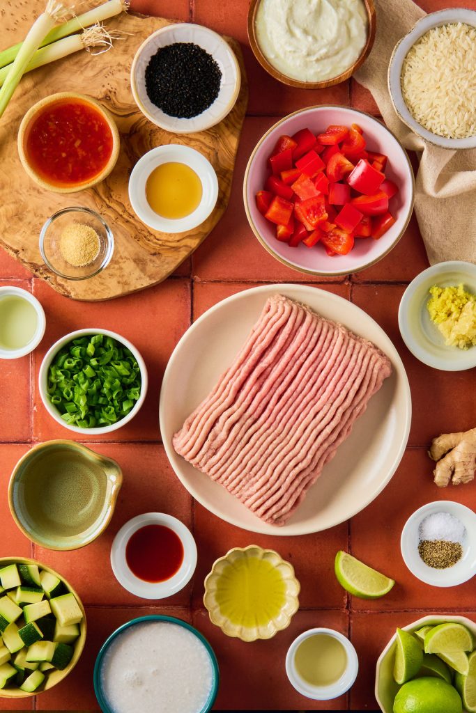 all the ingredients to make bang bang turkey bowls
