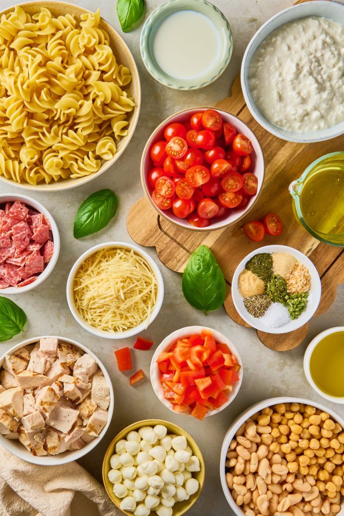 all the ingredients to make pasta salad