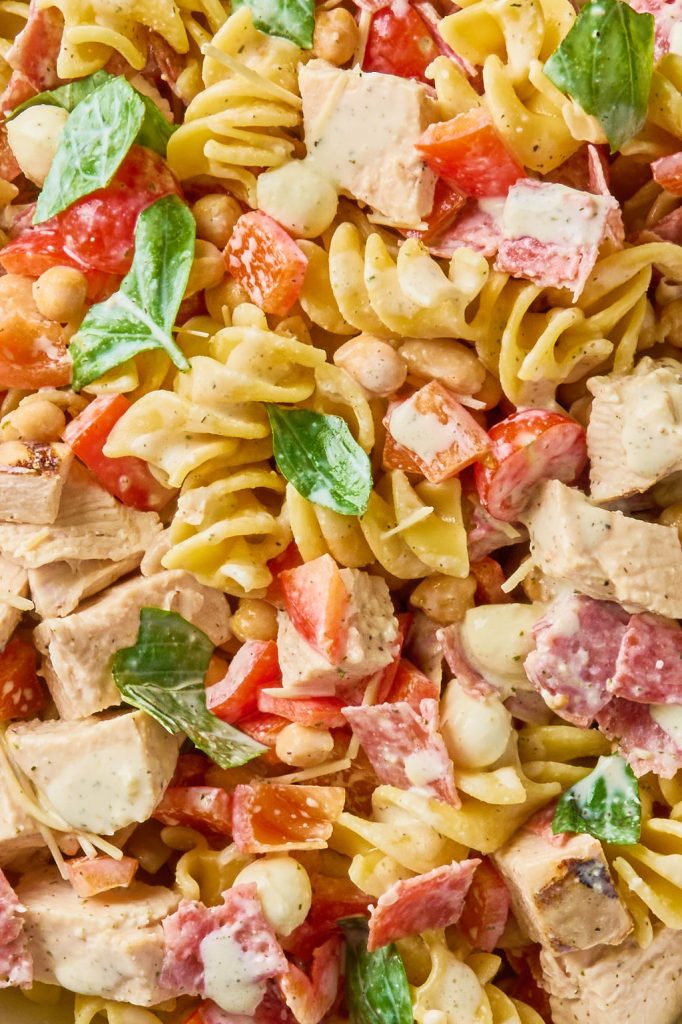 close up of pasta salad with dressing