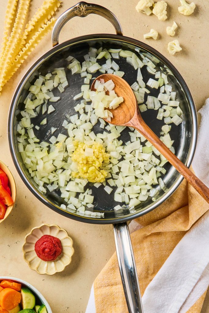 garlic added to the diced onions in the skillet
