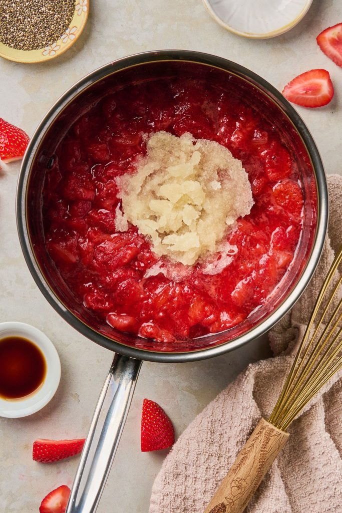 gelatin added to the strawberries in the pan