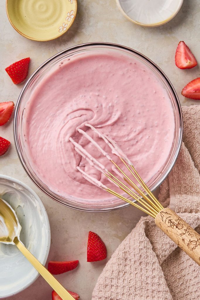 greek yogurt whisked into the strawberry chia mixture
