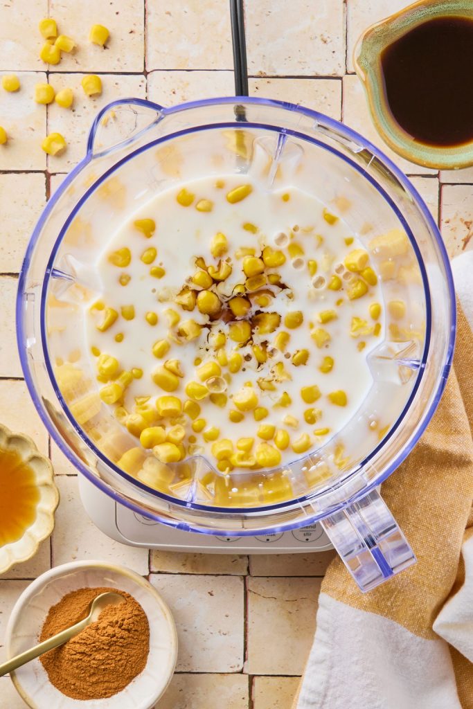 corn, milk, maple syrup, vanilla, and salt in a blender