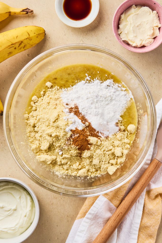 dry ingredients added to banana mixture