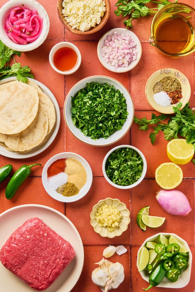all the ingredients to make chimichurri smashed tacos