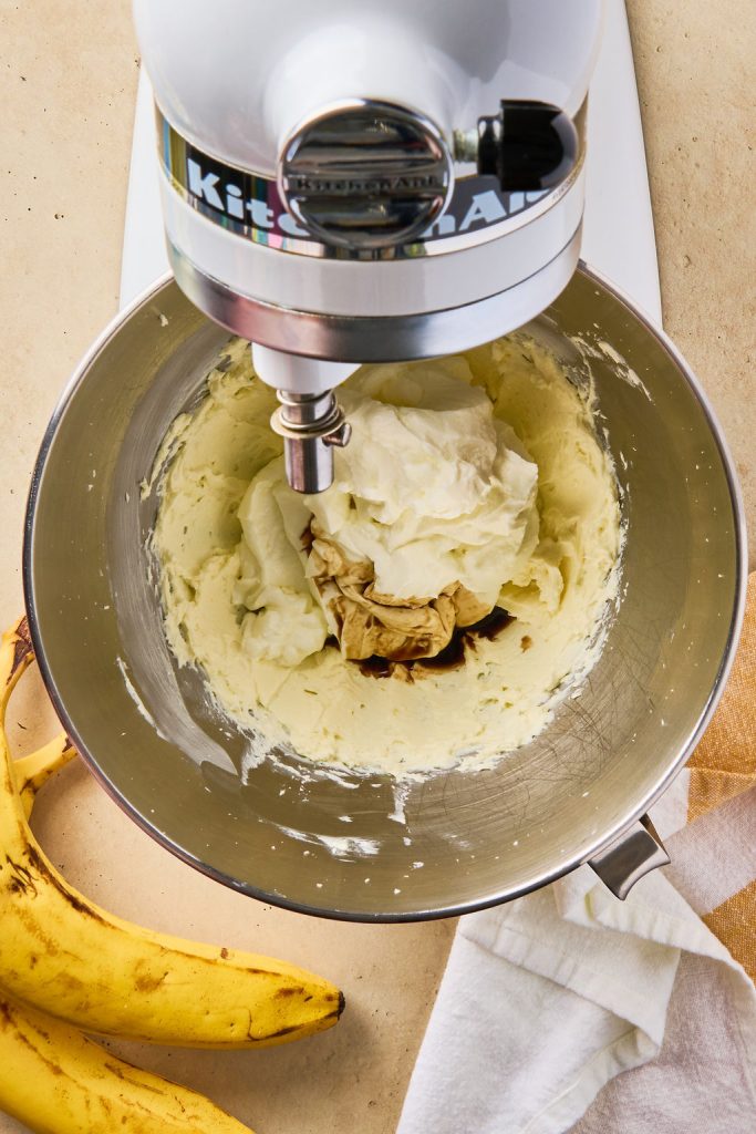 Vanilla and Greek yogurt added to the cream cheese in the mixer