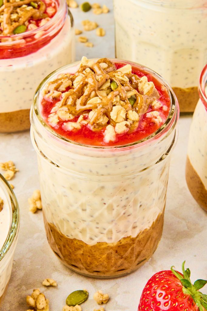 close up of peanut butter and jelly chia pudding jar