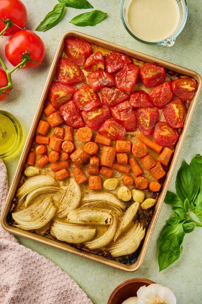 roasted veggies on a sheet pan