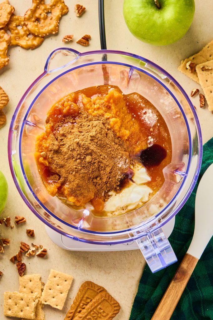 cottage cheese, Greek yogurt, pumpkin puree, maple syrup, vanilla bean paste, pumpkin pie spice, cinnamon, and salt in a blender