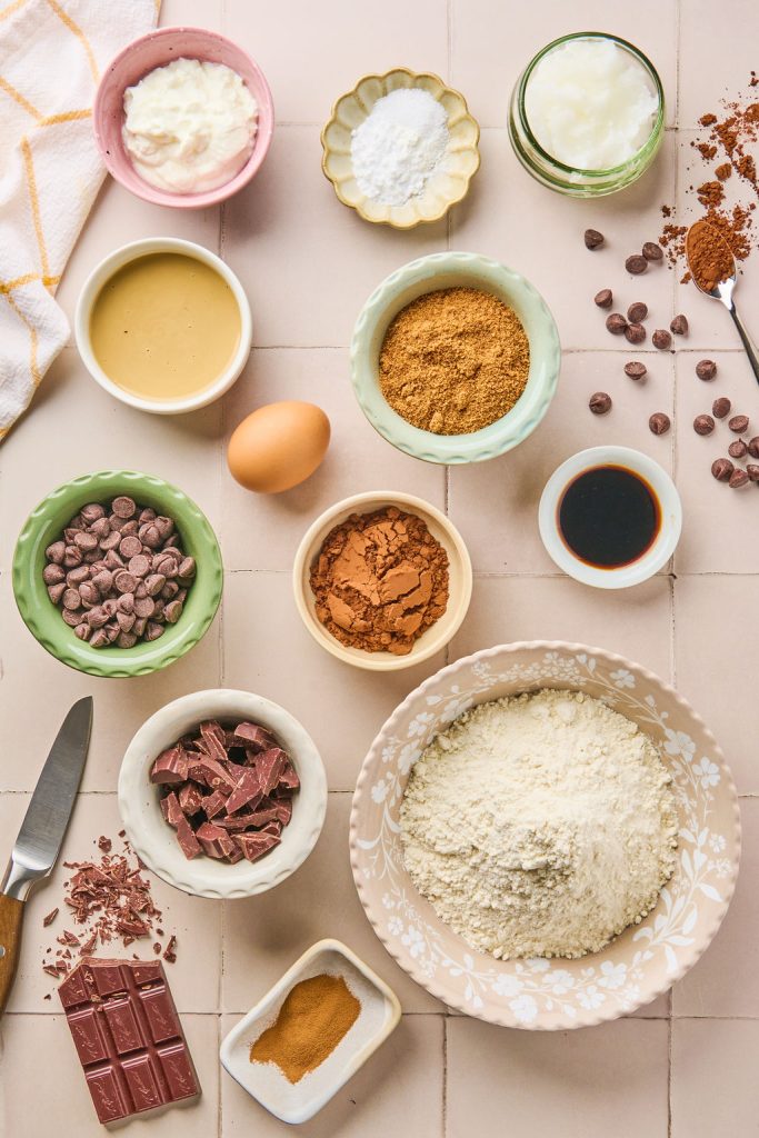 all the ingredients to make brownie batter tahini greek yogurt cookies