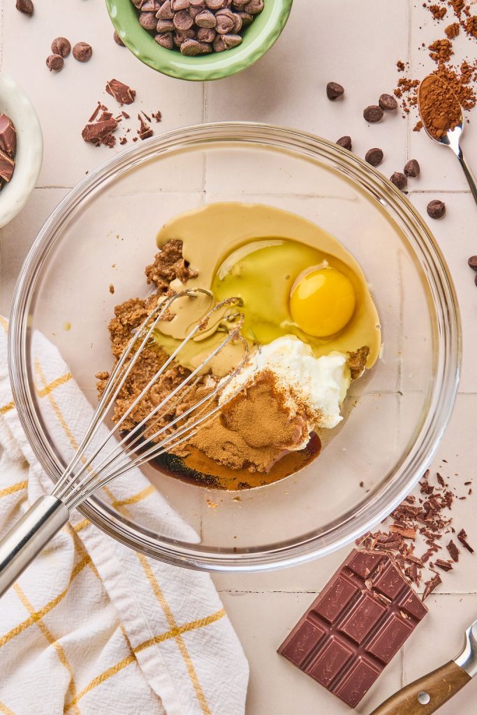 tahini, Greek yogurt, egg, vanilla and espresso powder added to the coconut sugar mix