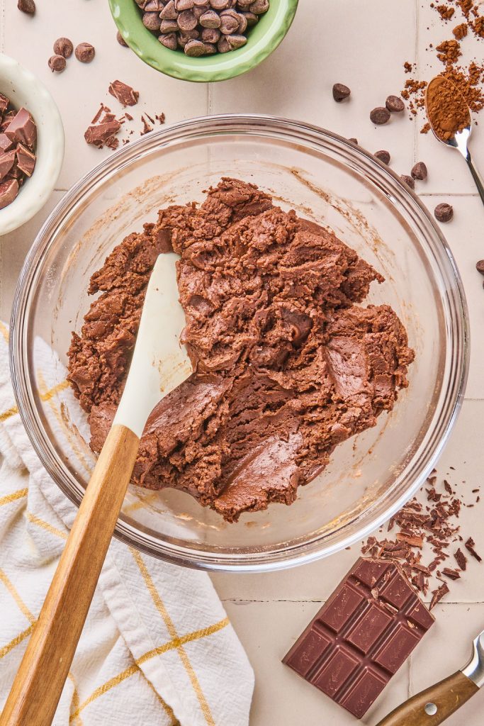 dry and wet ingredients mixed together to form cookie dough