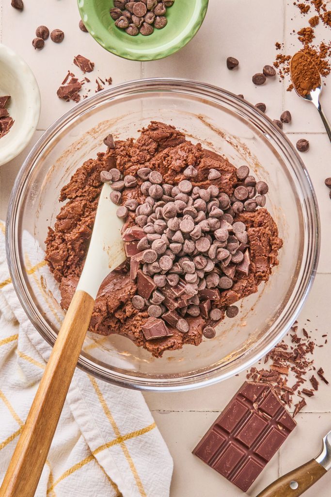 chocolate chips and chopped dark chocolate added to the cookie dough