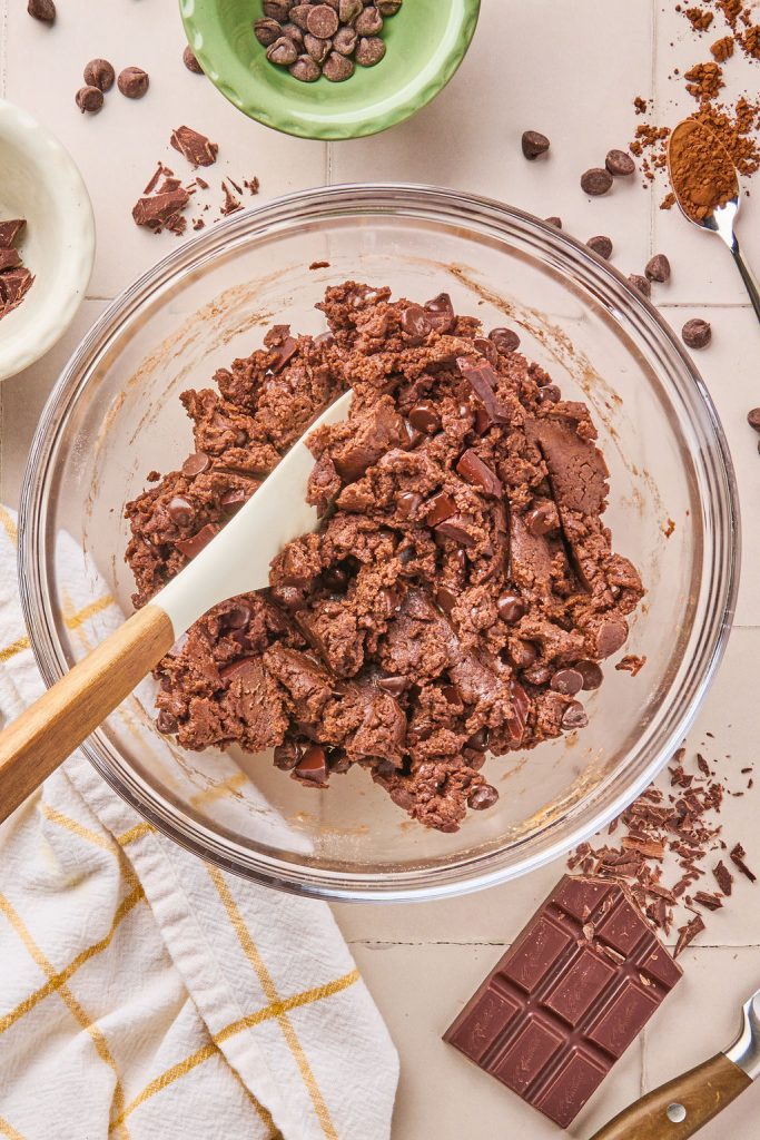chocolate chips and chopped chocolate mixed into the cookie dough