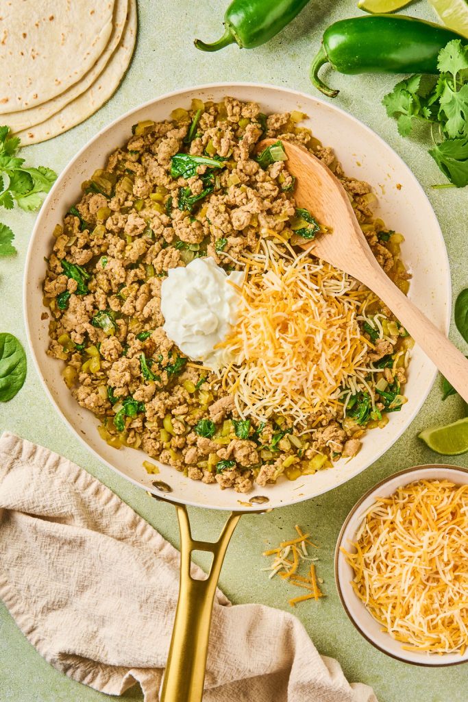 cheese and greek yogurt added into the turkey skillet